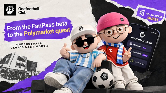 The image is a promotional graphic for OneFootball Club, featuring two cartoon mascots—one wearing sunglasses and a cap, the other in glasses and a pink cap—posing with a soccer ball next to a smartphone displaying the OneFootball Club app with options for "FANPASS," "FANSCORE," and "ON-AIR WALLET."

The graphic announces the transition "From the FanPass beta to the Polymarket quest," highlighting OneFootball Club's last month of developments, with logos for OneFootball Club and Polymarket Quest visible.