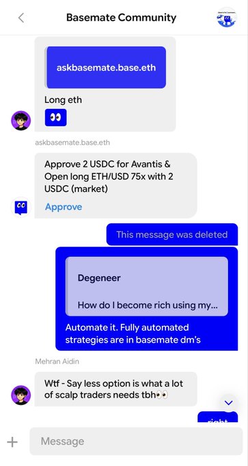 The image shows a screenshot of a cellphone conversation. The cellphone screen displays multiple messages from an online chat, each with varying colors. One message has a blue background and another a white background. Two messages are related to cryptocurrency trading, one featuring text in shades of blue and purple while the other is written in black on a white background. The caption at the bottom of the image reads "Base: one tap on the home screen. Basemate: two words in @baseapp chats long eth - short btc Perps yield copy-trade yield ...Copy-trade ... yield ... copy-trade ... yield ... yield ... yield".