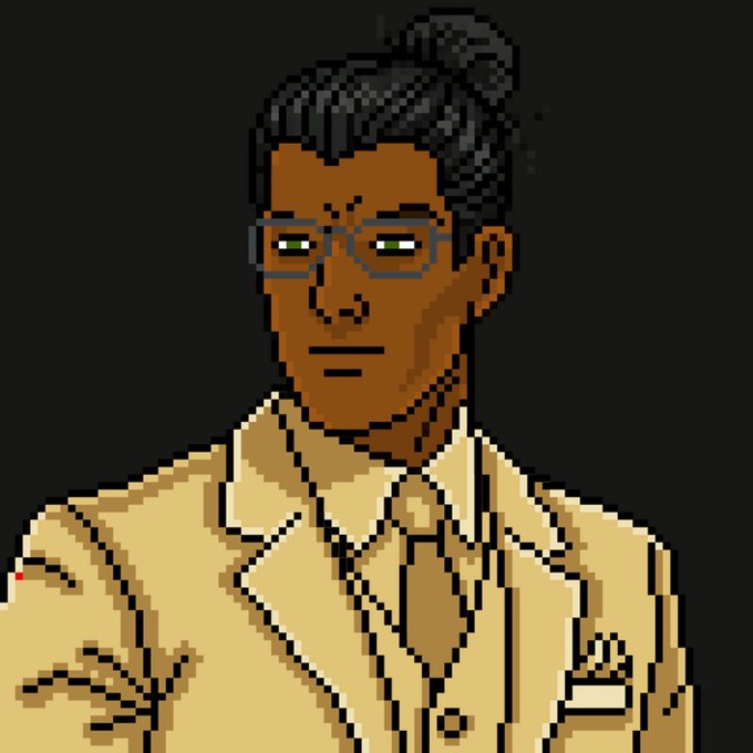 Pixel art portrait of a dark-skinned woman with glasses, her hair pulled into a top bun, wearing a tan coat with a tie and pocket square.
