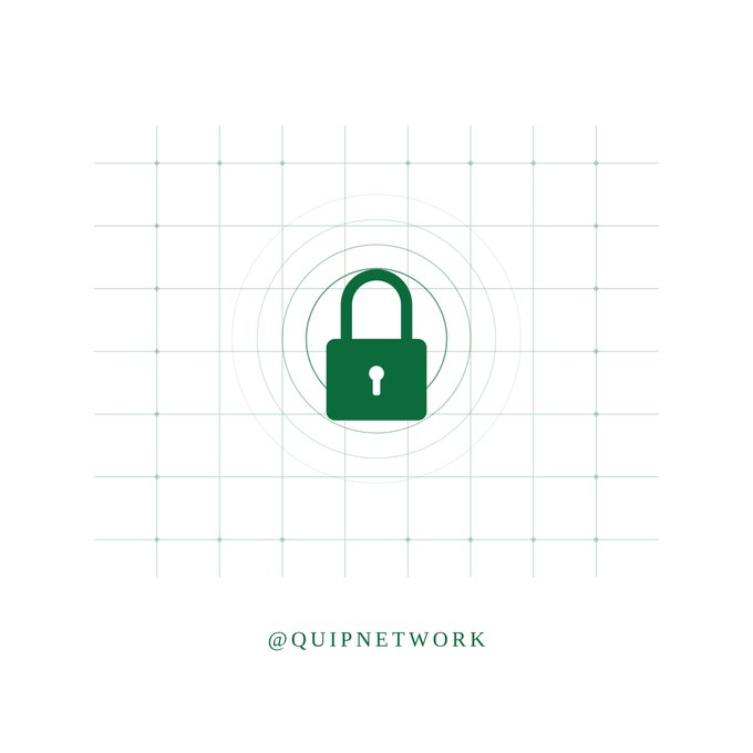 A minimalist graphic featuring a green padlock icon at the center of concentric circles on a grid background, with '@QUIPNETWORK' text at the bottom.