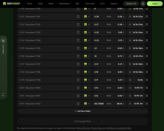 A screenshot of the Anyswap website displaying a list of tracked cross-chain transactions, showing Recipient entries 1790 through 1802 with corresponding BNB amounts, percentages, and timestamps, with navigation options for Swap, Batch, Marketplace, FAQ, and Track order.
