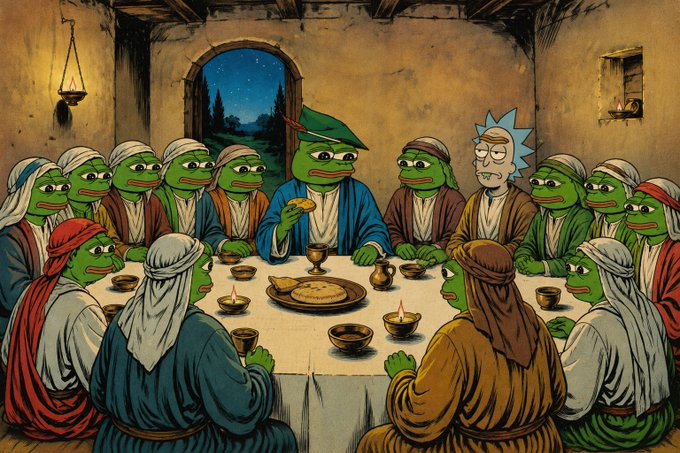 A parody of The Last Supper shows Pepe the Frog as both the central figure and surrounding disciples in a candlelit gathering, with Rick Sanchez from "Rick and Morty" seated among them. The meme reimagines the iconic religious scene as a celebration of the PEPE meme's early believers, particularly those who bought in before its mainstream rise.