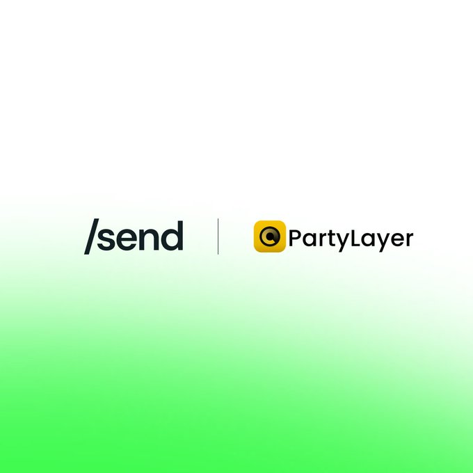 The image features two logos side by side against a green background. The logo for PartyLayer is positioned above the logo for Send. Both logos are black and white, making them stand out against the green backdrop. The text "@partylayerkit" is written below the PartyLayer logo, while the text "@CantonNetwork" is written beneath the Send logo. These texts provide additional context about the partnership between these two companies in the world of party planning and event management.