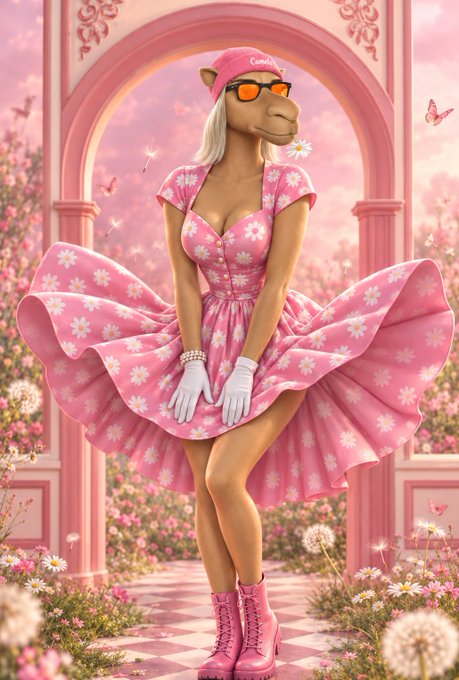 A digital illustration of an anthropomorphic camel wearing a pink floral dress, white gloves, pink boots, a pink cap, and sunglasses, posed in a whimsical pink garden setting.