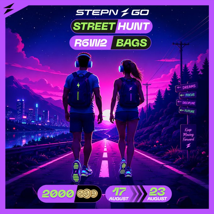 A neon-lit promotional graphic for "STEPN GO Street Hunt | R6W2: BAGS" shows two headphone-wearing walkers heading down a glowing purple road toward a sunset cityscape, with directional signs pointing to "Dreams," "Focus," "Discipline," and "Future," and details showing a 2,000 GST reward running from August 17 to August 23. The image visually ties to the STEPN GO Street Hunt post by illustrating the bag-themed walking challenge and its date and prize details.