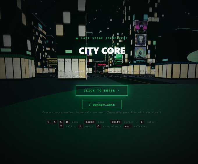 The image shows a cityscape with buildings, lights, and neon signs at night. The text "City Core" is displayed above the scene, indicating that this is an advertisement for a video game or streaming platform featuring a city environment. The image also includes a link to the website where users can access more information about the game or streaming service.