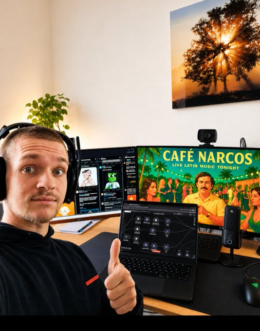 A man wearing headphones sits at a desk with multiple monitors and a laptop, giving a thumbs-up in front of a 'Café Narcos' poster.