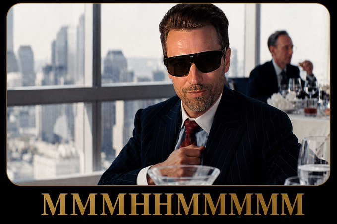 A man in a dark pinstripe suit and sunglasses sits at a table with a city skyline visible through the window behind him, with the text "MMMHMMMM" displayed in gold letters at the bottom.