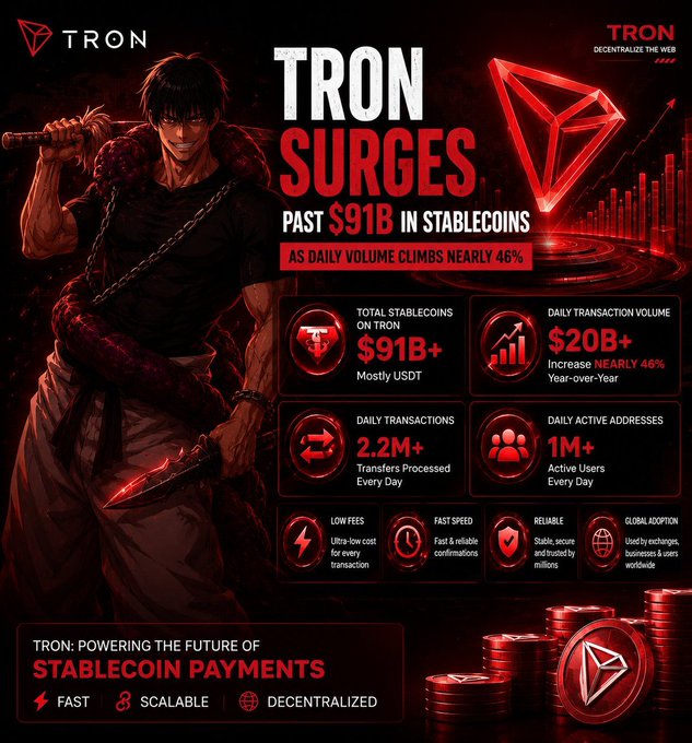 A promotional graphic stating 'TRON SURGES PAST $91B IN STABLECOINS' with statistics including $91B+ total stablecoins on TRON and 2.2M+ daily transactions.