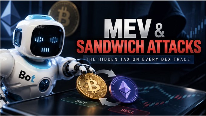 A promotional graphic featuring a white robot labeled 'Bot' alongside bold text reading 'MEV & SANDWICH ATTACKS' with the subtitle 'THE HIDDEN TAX ON EVERY DEX TRADE', set against a cryptocurrency trading background with Bitcoin and Ethereum symbols above BUY and SELL buttons.