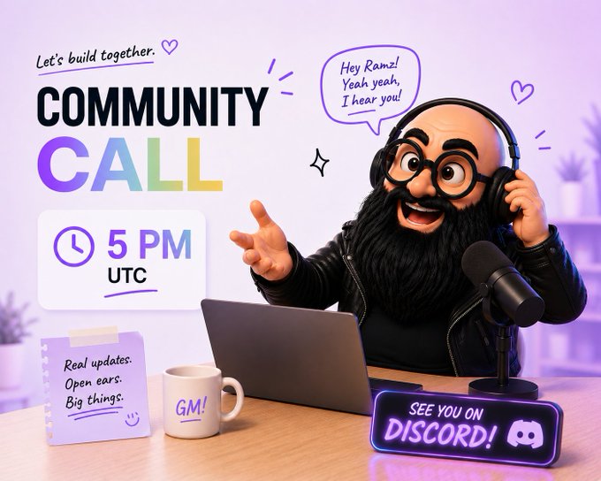 The image features a cartoon character wearing glasses and a beard sitting behind a microphone at a desk with a laptop computer. The text "It's Community Call Day!" is displayed above the character, indicating that this is an event for the community to join together via Discord. A cup of coffee can be seen on the desk as well.