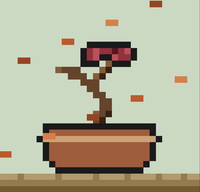 A pixel art image of a Venus flytrap-like plant in a pot with floating particle effects, humorously illustrating a collector's passion for gathering plants ("collectors collect") during a gardening-themed weekend.