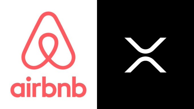 A split image displays the Airbnb logo in its signature coral red color on a white background on the left, alongside a white "X" symbol (the XRP/Ripple logo) on a black background on the right. The pairing visually connects the two brands, supporting the post's claim that leaked Ripple documents identify Airbnb, with a market value exceeding $110 billion, as a prime use case for Ripple's instant worker payout technology.
