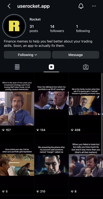 The image shows a Rocket (userocket.app) Instagram profile with 31 posts and 14 followers, featuring finance memes using classic film and TV scenes (like Anchorman) about trading and S&P 500 funds. While the account has minimal followers and posts, this aligns with the caption noting it as one of the @megaeth projects still actively posting content on social media platforms beyond X.