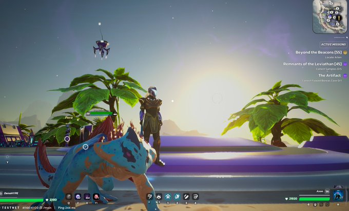 Gameplay screenshot of an online game featuring a blue creature and a character named 'Zero' on a tropical beach with palm trees, showing active missions UI.
