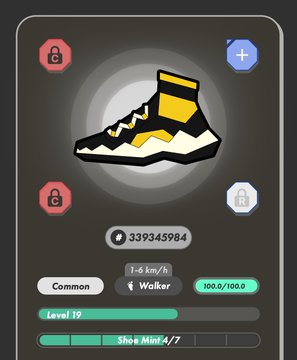 Game screen showing a yellow sneaker icon at Common Level 19 for Walker (1-6 km/h), with 100.0/100.0 progress bar and Shop Mint 4/7.