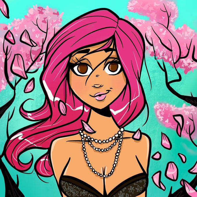 An anime-style digital illustration features a woman with long pink hair, brown eyes, and pearl necklaces, surrounded by falling cherry blossoms against a turquoise sky.