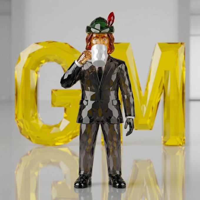 3D rendered image of a faceless crystalline businessman in a black suit drinking from a white mug, wearing a green Robin Hood-style hat with a red feather, standing in front of large yellow "GM" letters.