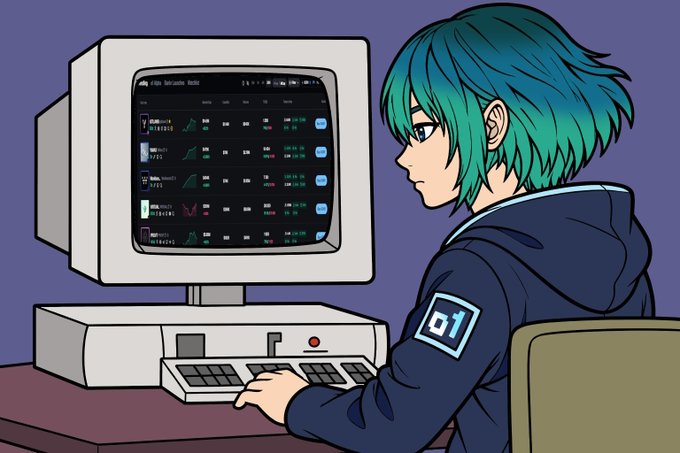 The image features a cartoon girl sitting at a desk with an old computer monitor displaying a stock trading page from the @o1 exchange. The girl appears to be working or studying about the stock market. The text "The final week of Season 2 on @o1 exchange has officially started. It looks like the project is entering the final stretch before the TGE of its token (O). Not long ago, Coinbase added the token to its roadmap a strong signal that shouldn'qe ignored." suggests that there might be an ongoing stock trading project or event related to the @o1 exchange. The girl's presence in front of the computer screen indicates her interest and involvement in this project.
