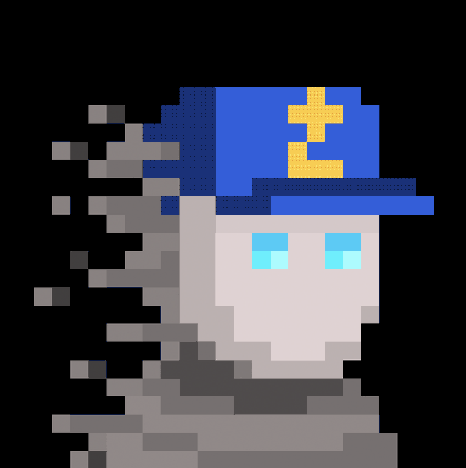 A pixel art image shows a white-skinned character wearing a blue cap with a yellow "Z" design and flowing gray smoke or energy emanating from one side. The post "I'm just collecting" suggests the character, resembling a stylized ghost or wraith, is humorously portrayed as "collecting" souls or items with its smoky trail.