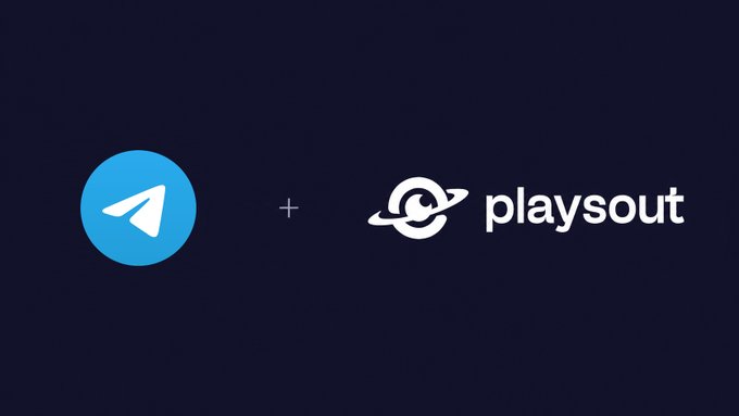 A dark navy banner showing the Telegram logo joined with a plus sign to the Playsout logo and name, suggesting a partnership announcement.