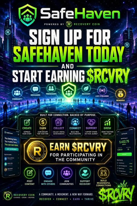 Promotional graphic for 'SafeHaven' powered by Recovery Coin ($RCVRY), advertising sign-ups and features like Community, Messaging, Friendships, Recovery, Live Streaming, and Rewards.