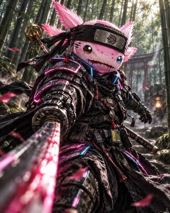 An AI-generated fantasy image of a samurai character with a stitched, plush-like pink cat face, pink feathered headband, and dark armor wielding a pink katana in a bamboo forest.