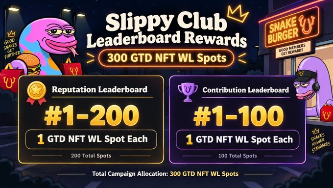 A promotional banner for 'Slippy Club Leaderboard Rewards' offering 300 GTD NFT WL Spots, featuring cartoon purple characters and a 'Snake Burger' sign.