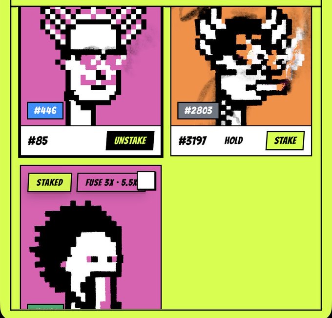 A pixel art NFT display showing three character portraits on pink and orange backgrounds, featuring stake/unstake options and numbers like #446, #2805, and FUSE 3X 5.5X.