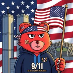 An illustration of a determined bear wearing a bandana and hoodie reading '9/11 WE WILL ALWAYS REMEMBER,' holding an American flag with the Twin Towers and US flag in the background.