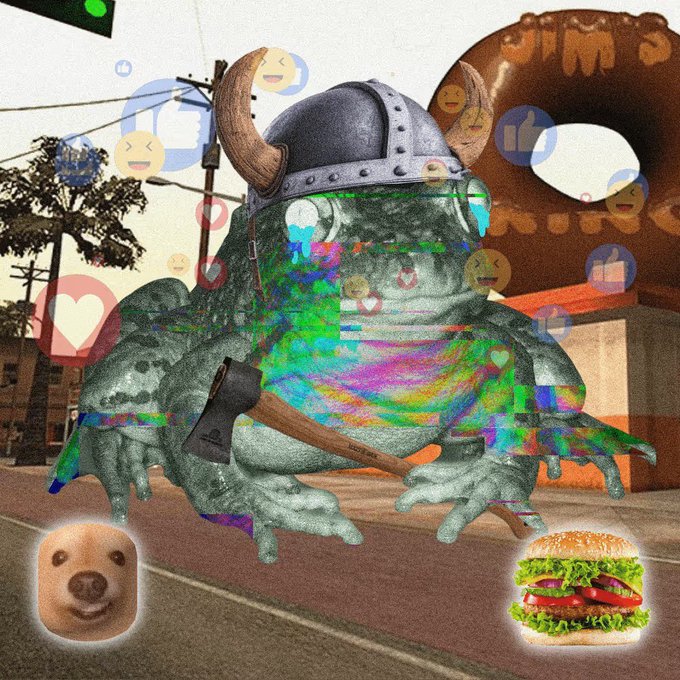 Surreal digital art featuring a toad/toad-like creature wearing a Viking helmet and holding an axe, with glitch/distortion effects, Facebook reaction emojis floating around, and a donut and burger image in the background.