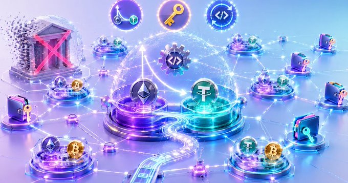 A vibrant 3D illustration depicts a decentralized exchange (DEX) network, featuring interconnected platforms displaying cryptocurrency symbols like Ethereum (ETH), Tether (USDT), and Bitcoin (BTC), along with code brackets `</>` and key icons symbolizing wallet security and smart contracts. The imagery visually reinforces the concept of a DEX as a decentralized trading ecosystem where tokens like those on Uniswap can be exchanged directly without a central authority.