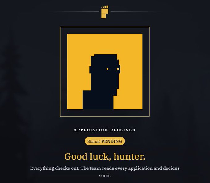 A dark-themed screenshot shows a pixelated silhouette profile icon with the text "APPLICATION RECEIVED," "Status: PENDING," and "Good luck, hunter. Everything checks out. The team reads every application and decides soon." The image relates to the post by confirming the user's pending application status for BITFOOTS, suggesting they await a decision and seek community support.