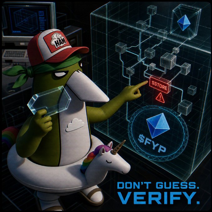A HAM radio-themed cartoon character holding a glass block and pointing to a blockchain diagram labeled $STORE with a warning symbol, alongside $FYP token, captioned 'DON'T GUESS. VERIFY.'
