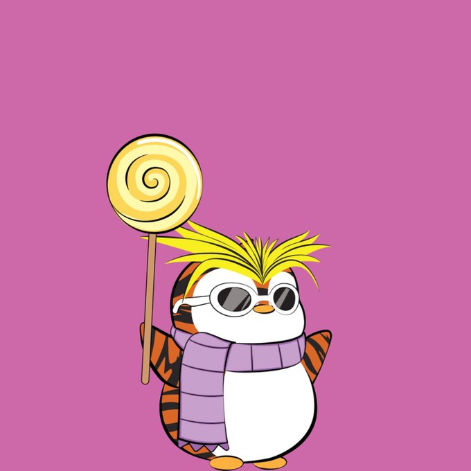 A digital illustration of a cartoon penguin with yellow hair, wearing sunglasses and a purple striped scarf, holding a large yellow swirled lollipop against a pink background.