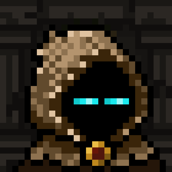 Pixel art portrait of a hooded figure with brown robes, glowing cyan eyes, and a yellow/red pendant on a dark background.