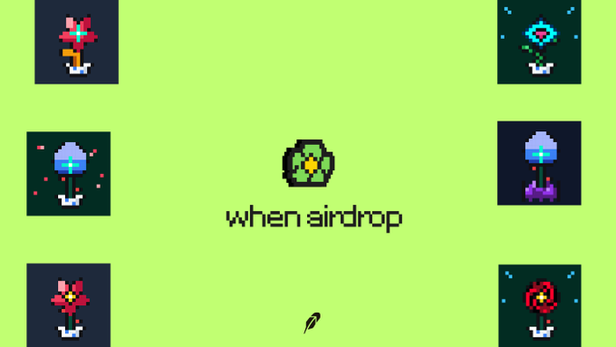 A green pixel art graphic labeled 'when airdrop' featuring a central green cabbage-like item surrounded by pixel art plants and mushrooms on dark squares.