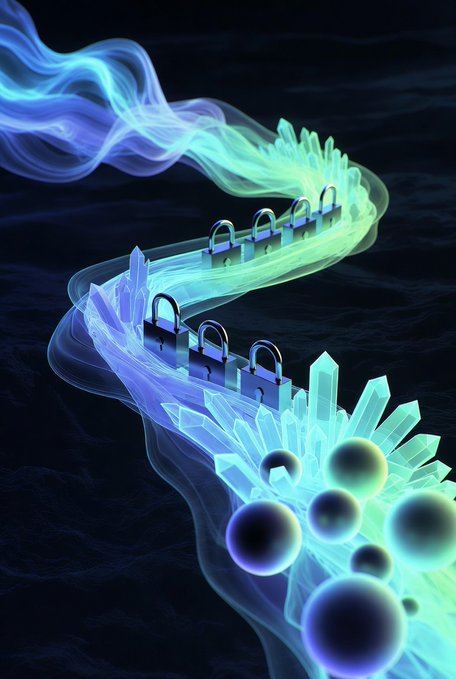 Abstract digital art featuring glowing cyan and green wavy smoke-like ribbons intertwined with crystal structures, padlocks, and spheres against a dark background.
