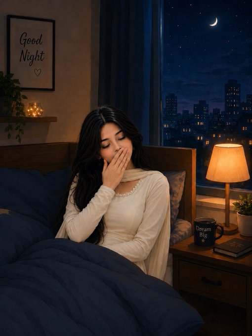 An illustrated scene of a woman yawning in bed at night with a 'Good Night' sign, a 'Dream Big' mug, and a city skyline visible through the window.