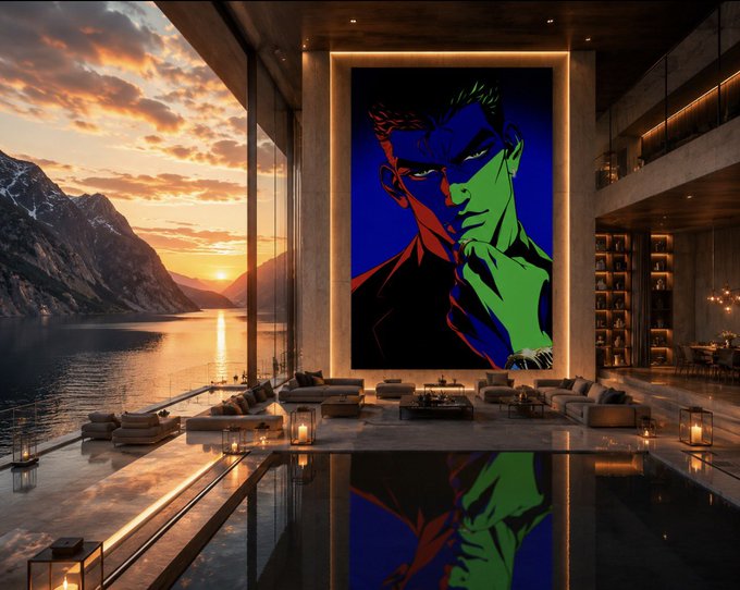 A massive neon-colored mural of a contemplative male figure dominates the wall of a luxurious modern villa overlooking a fjord at sunset, with the artwork's vibrant blue, red, and green tones reflected in the infinity pool below—serving as a striking visual metaphor for conviction and forward-looking belief, mirroring the post's invitation to share bullish NFT picks.