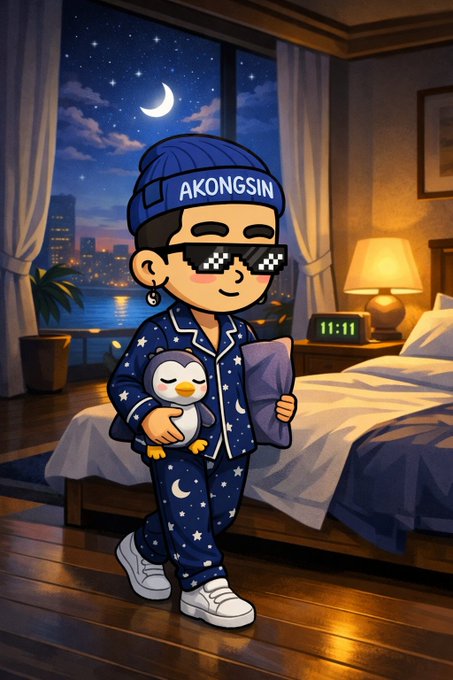 Chibi-style cartoon illustration of a character wearing a blue beanie labeled 'AKONGSIN', pixel sunglasses, star-pattern pajamas, holding a penguin plush toy in a bedroom at night.