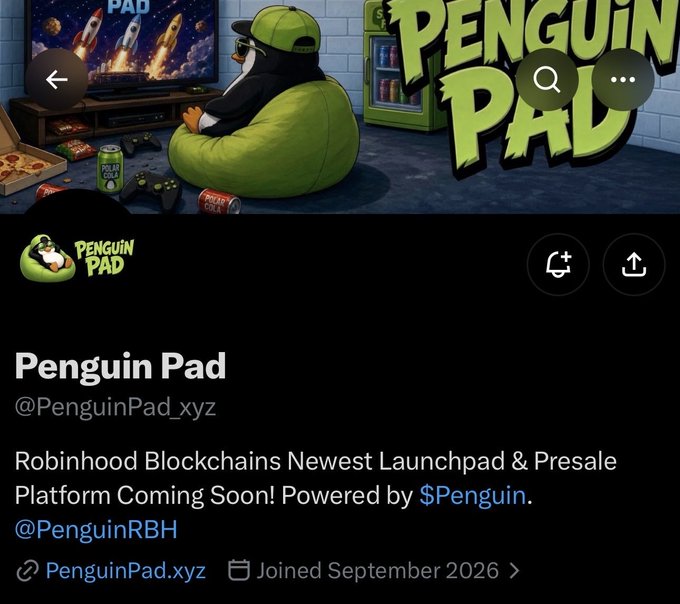 A Twitter/X profile page for "Penguin Pad" (@PenguinPad_xyz) is shown, featuring a banner image of a penguin wearing a cap and sunglasses sitting on a beanbag chair in a gamer-themed room, with the bold green "PENGUIN PAD" logo displayed on the right side. The bio describes it as "Robinhood Blockchains Newest Launchpad & Presale Platform Coming Soon! Powered by $Penguin. @PenguinRBH," with the account joined in September 2026 and linking to PenguinPad.xyz. The accompanying post promotes Penguin Pad as Robinhood Chain's newest launchpad and presale platform, tagging @PenguinPad_xyz and @PENGUINRBH with hashtags #Robinhood, #Launchpad, and #crypto, along with tickers $Penguin and $Hood, all of which align with the profile's branding and stated purpose.