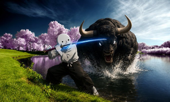 A surreal digital artwork showing a featureless white humanoid figure in traditional pants wielding a glowing blue lightsaber against a massive charging black bull, set in a landscape with pink cherry blossom trees and a river.