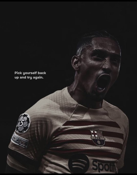 A soccer player in an FC Barcelona jersey with the "Spotify" sponsor logo shouts passionately, paired with the motivational text "Pick yourself back up and try again." This pairs with the caption "we go again harder today gm fam," reinforcing a message of resilience and determination.