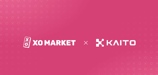 A pink promotional graphic displaying the XO MARKET × KAITO collaboration logo.