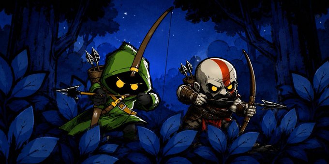 A digital illustration of two chibi-style characters—one in a green hood wielding a bow, the other in red and white attire with a skull mask—hunting in a dark, moonlit forest.