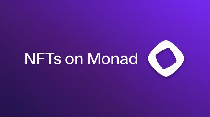 The image displays "NFTs on Monad" alongside the Monad logo on a purple gradient background, serving as a prompt asking what NFT is missing from the user's extensive portfolio of Monad-based collections like Mongang, Magma, and Monshape.