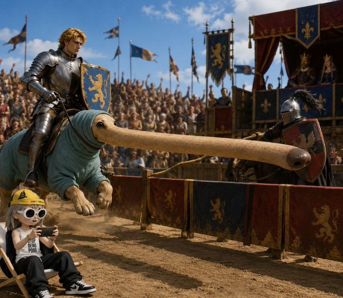 A surreal medieval jousting scene features a knight in armor riding a blue creature with an extremely elongated snout, while a child in a yellow hard hat and sunglasses plays a video game in the foreground.