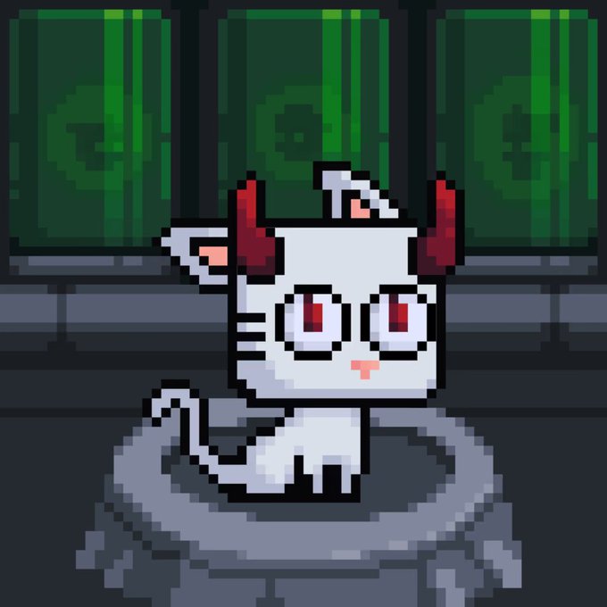 Pixel art of a white kitten with red eyes and devil horns sitting in a bowl, with green recycling bin-like objects in the background.