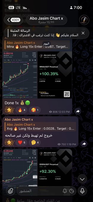 A mobile screenshot of a Telegram channel named "Abo Jasim Chart" displaying cryptocurrency trading signals, including posts for "Mina" (+100.39%) and "EDENAUSDT Perpetual" (+92.30%), written in Arabic.